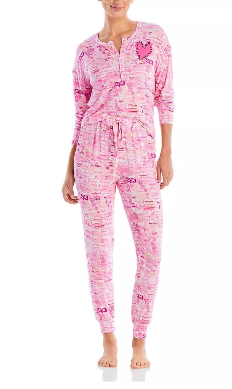 NWT AQUA x Kerri Rosenthal 2 Piece Pajama Set Women's Small Pink Graffiti Print